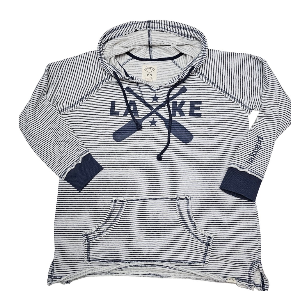 Lakegirl Womens XXL Striped Oars Graphic Hoodie Navy White Nautical Pullover